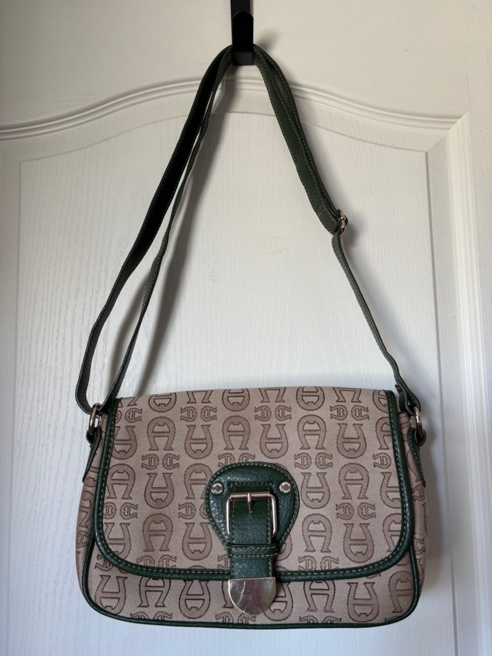 Etienne Aigner Beige Logo Crossbody with Dark Green Trim
